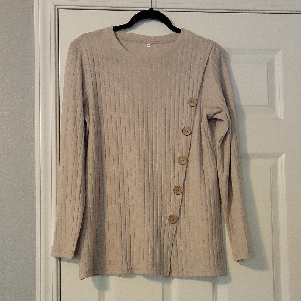 Chic Beige Button-Accent Long Sleeve Top